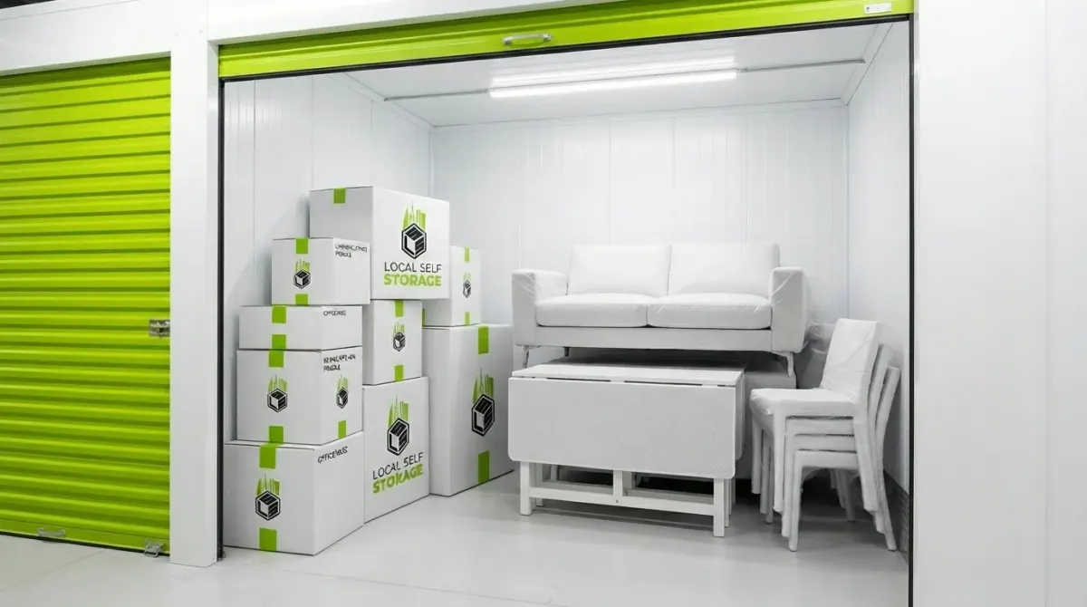 Furniture storage unit containing sofas, tables, chairs, and home furnishings