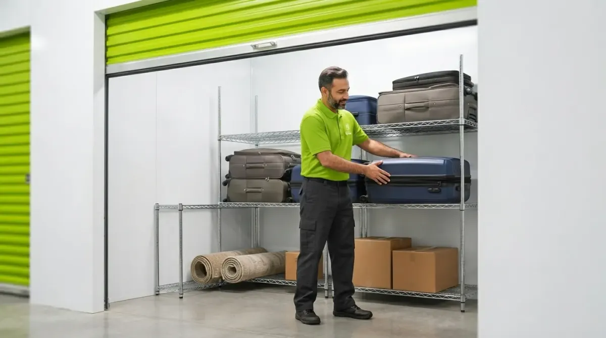 Seasonal storage unit holding holiday decorations, furniture, and personal belongings
