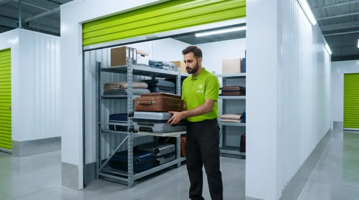 Stored suitcases and travel bags in a secure luggage storage unit