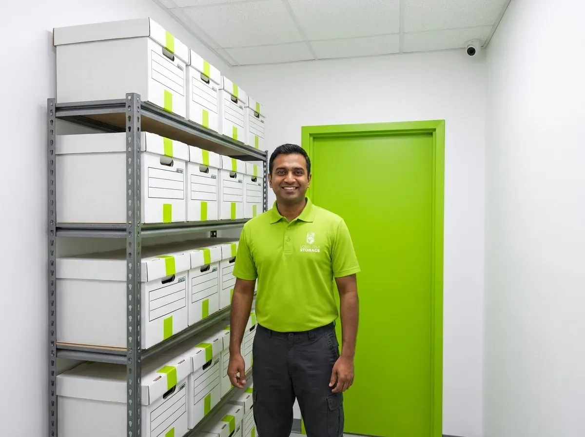 Organized document storage boxes containing business records and important files