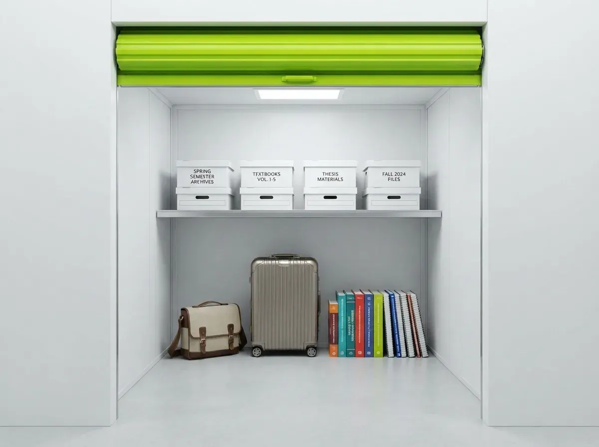 Student storage unit containing books, luggage, furniture, and personal belongings