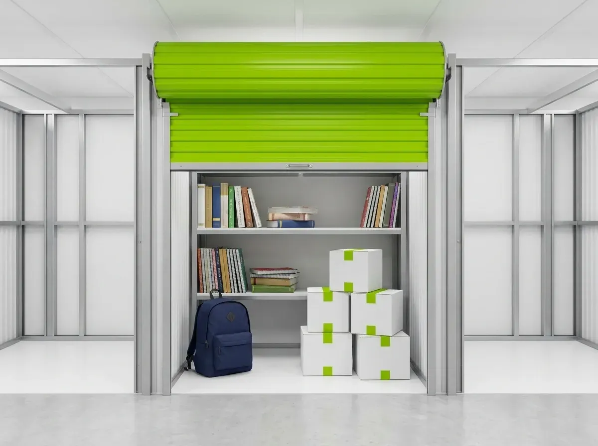 Business storage unit holding inventory, documents, and office equipment